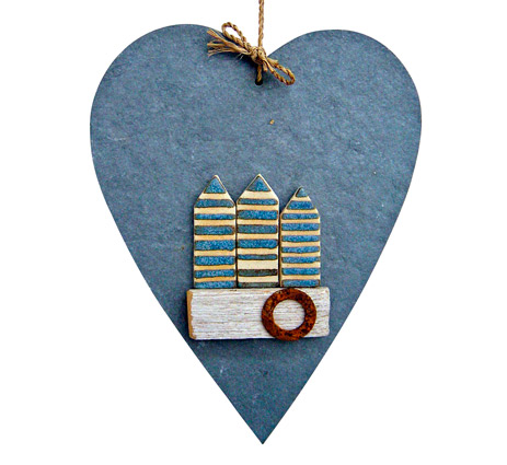 Jan Guest coastal art - beach huts on slate hearts